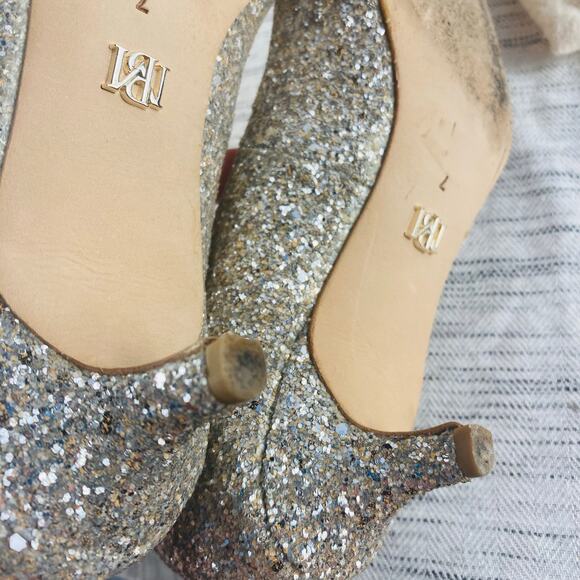 Badgley Mischka Madison II Champagne Glitter Kitten Heels Pointed Toe Size 7 - Picture 10 of 11